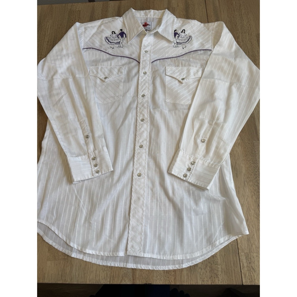 Square Swing Dance Shirt Pearl Snap VTG Embroidered Western White Thin XL